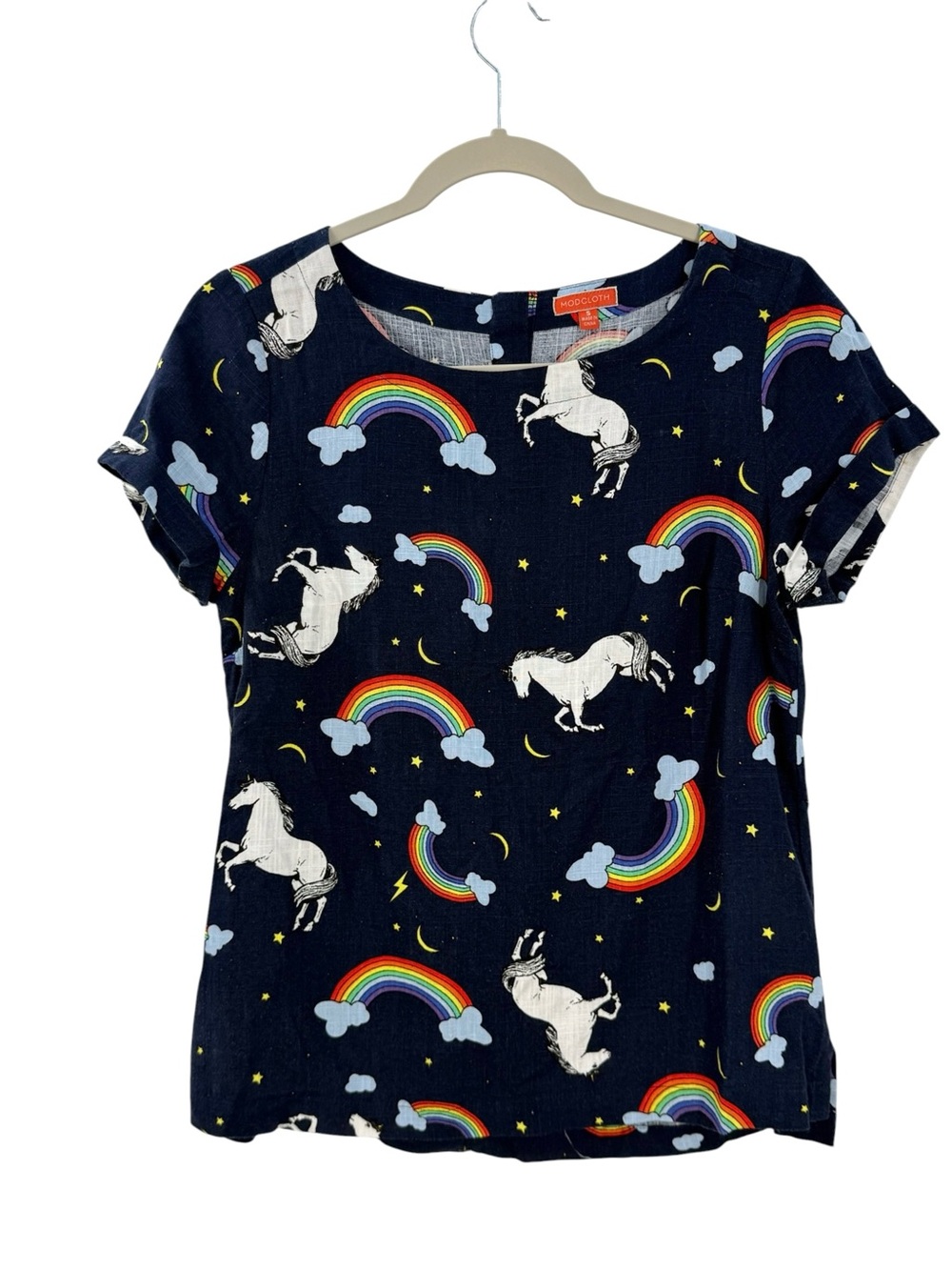ModCloth Rainbow Unicorn Print Linen Blend Boxy Top Women’s Small Navy - Picture 2 of 13